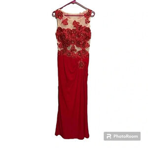 Nina Nischelle Red Floral Sheer Cocktail Party Prom Dress Size 12 Sewn In Pads